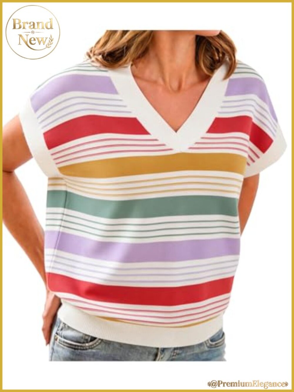 Women's Striped Color Block Cap Sleeve V Neck Knit Pullover Vest Top